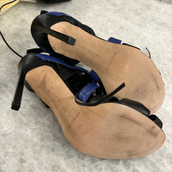 MANOLO BLAHNIK Netochka Lace-Up Cage Sandal Heels, Blue and Black Leather - Picture 6 of 6